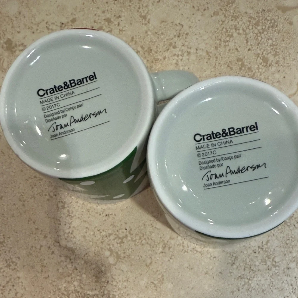 Crate&Barrel Snowman Mugs - White and Red Joan Anderson 3”. Mugs